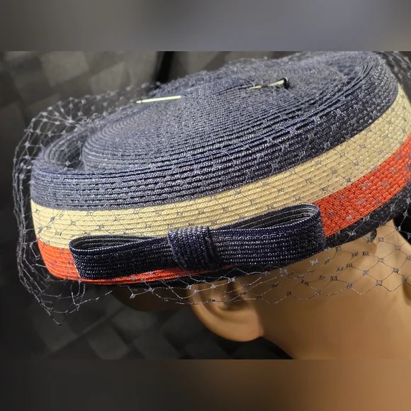 Vintage Pill Box 50s/60s Navy (Red/White/Blue) Woven Straw Veil & Bow SZ Medium - Picture 5 of 14